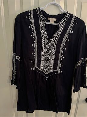 Joan Vass Black Top with White Embroidery
